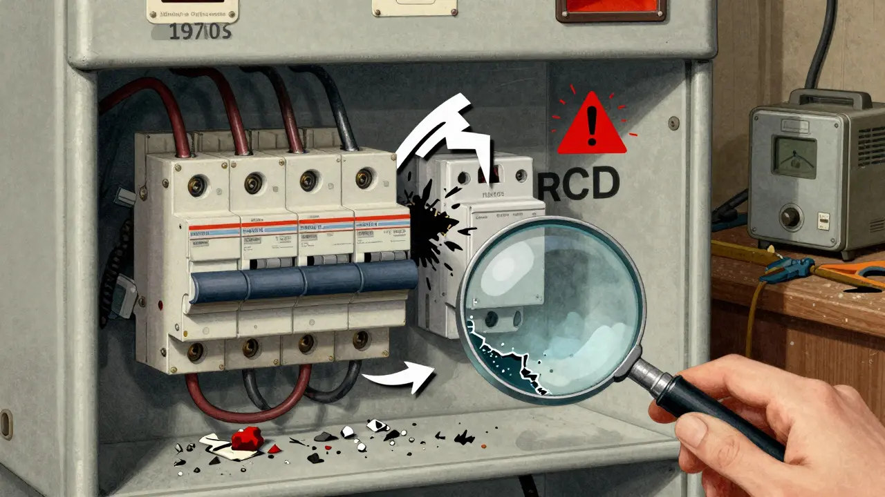 Technische Illustration eines veralteten Sicherungskastens mit überlasteten Leitungen und fehlendem Fehlerstromschutz.