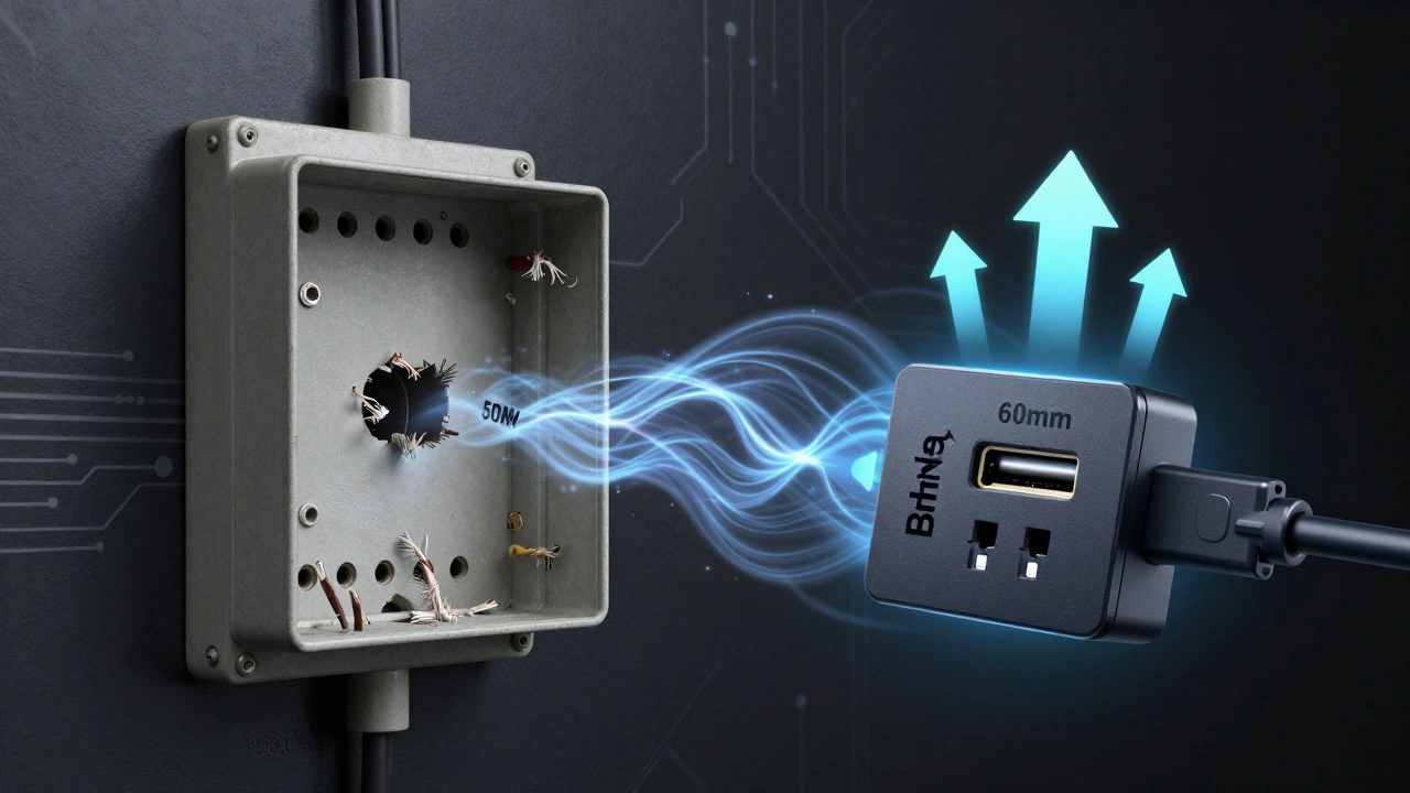 Vergleich alter und moderner Steckdosen: flache Dose vs. tiefere, effiziente USB-C-Lösung.