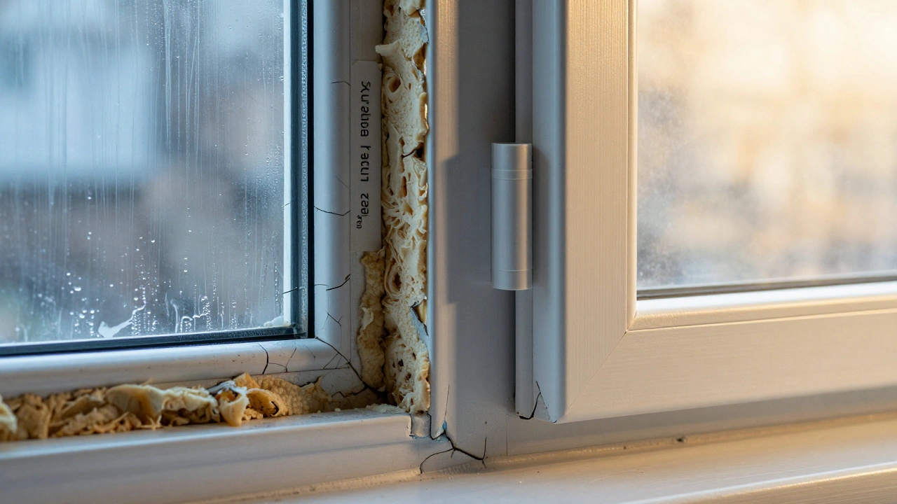 Vergleich: Schimmeliger Fensteranschluss mit altem Schaum links, perfekt gedichtetes Fenster rechts.