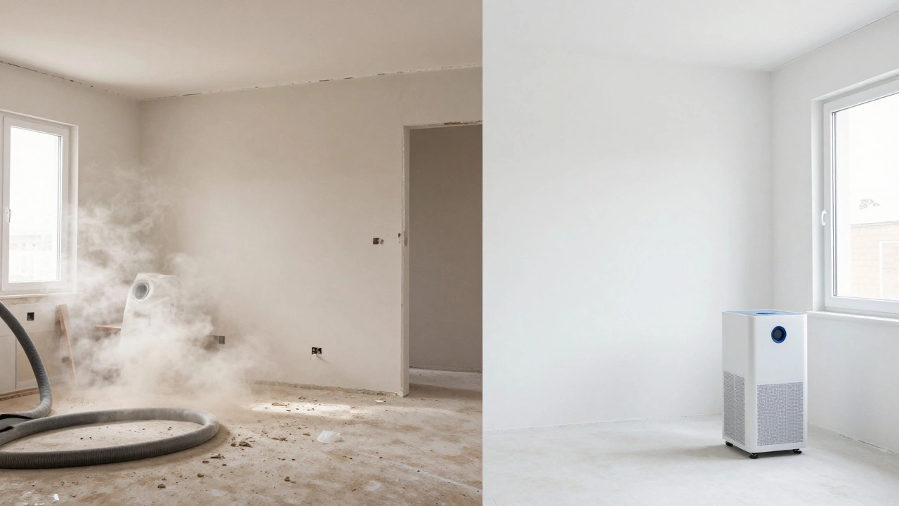 Vergleich: Staubverbreitung ohne Schutz links, staubfreier Raum mit professionellem Schutz rechts – getrennt durch eine klare Grenze.