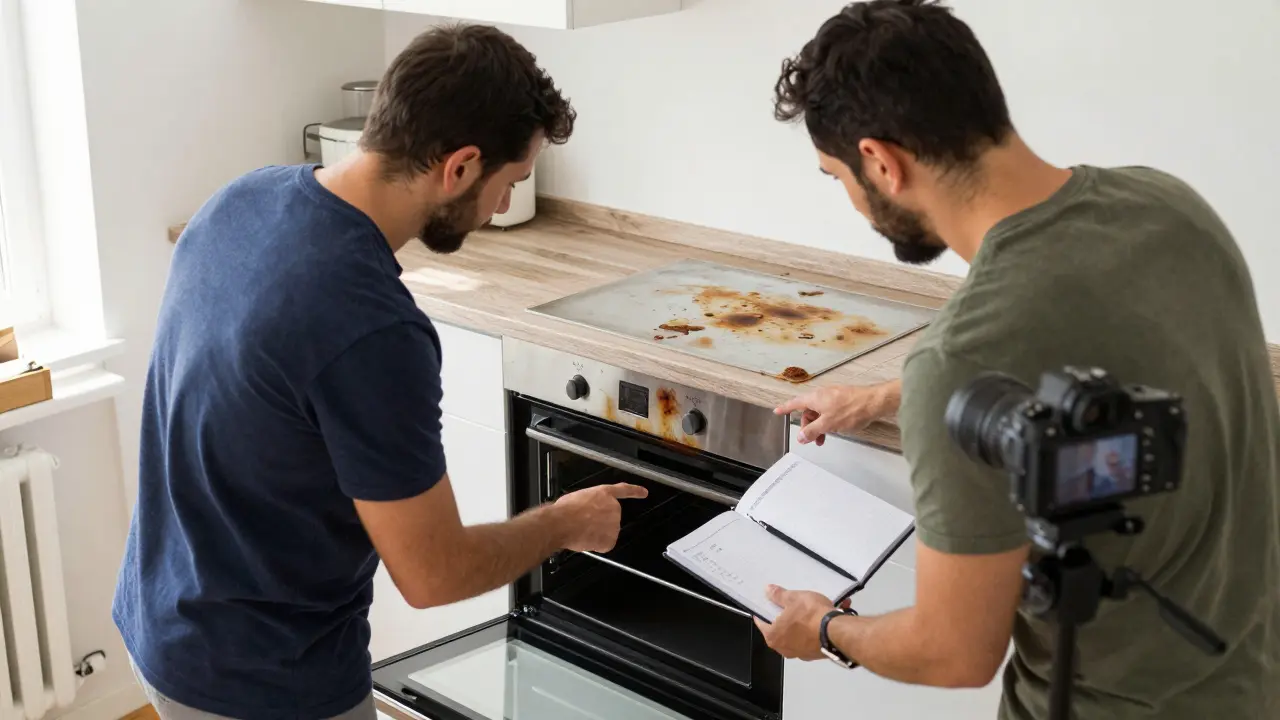 Vermieter und Mieter besichtigen gemeinsam die Küche während der Vorabnahme, Notizen werden in ein Buch eingetragen.