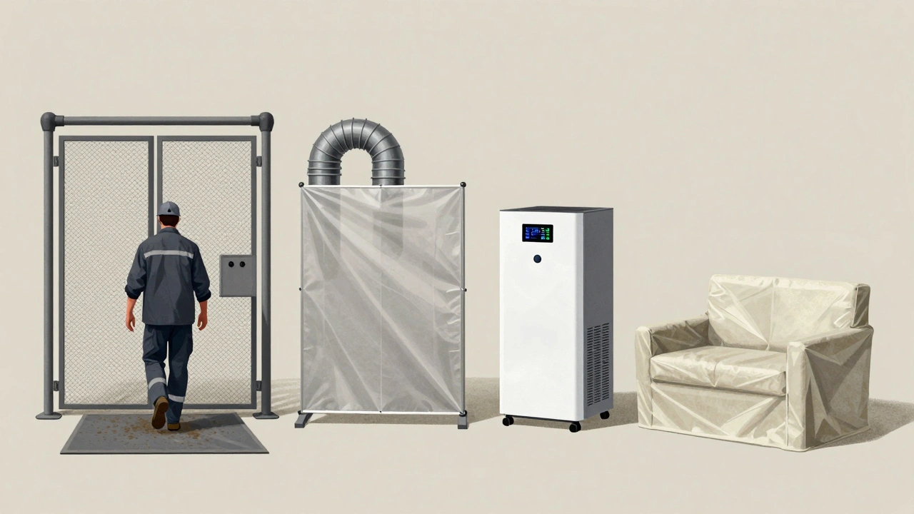 Vier Elemente des Staubschutzes: Schmutzschleuse, Staubschutztür, Luftreiniger und Abdeckvlies in einer klaren, schematischen Anordnung.