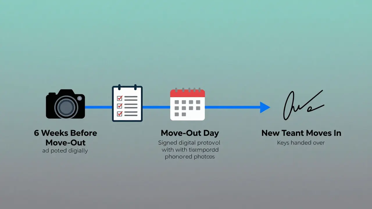 Visuelle Timeline eines reibungslosen Mieterwechsels mit Symbolen für Dokumentation, Fotos und digitale Übergabe.