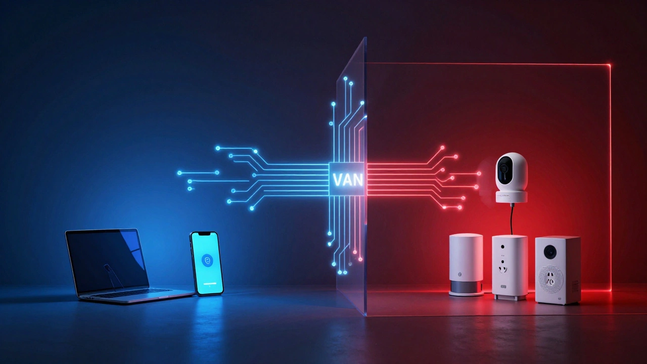 VLAN-getrenntes Smart-Home-Netzwerk: private Geräte und IoT-Geräte in isolierten, farblich gekennzeichneten Zonen.