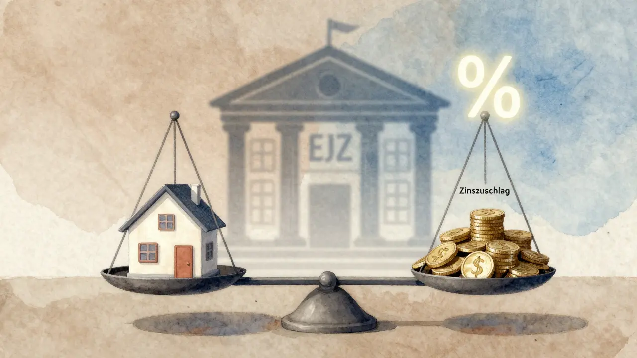 Waage mit Haus und versteckten Kosten, EJZ als schwebendes Lichtzeichen, watercolor-Stil.