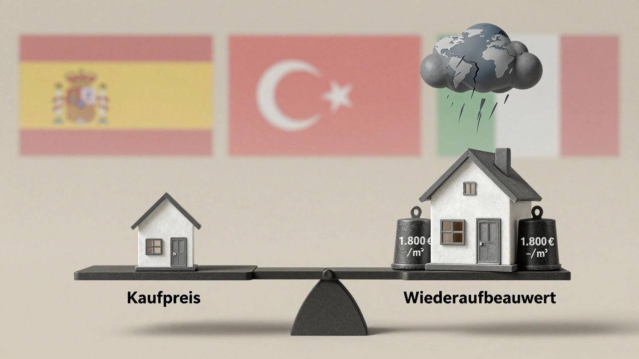 Waage mit Kaufpreis vs. Wiederaufbauwert, Erdbeben- und Sturmsymbol, Hintergrund mit Spanien, Türkei und Italien.