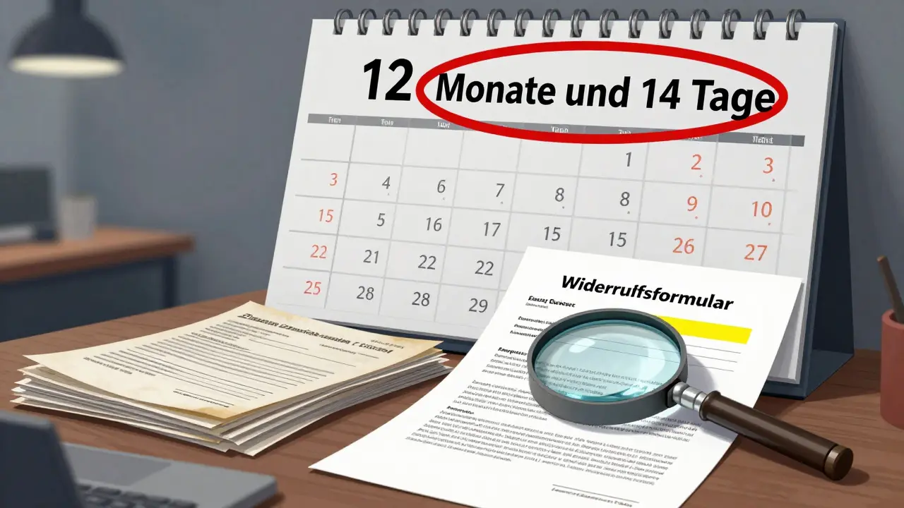Büro mit veraltetem Vertragsformular und korrektem Widerrufsformular unter Lupe, Kalender mit rotem Kreis.