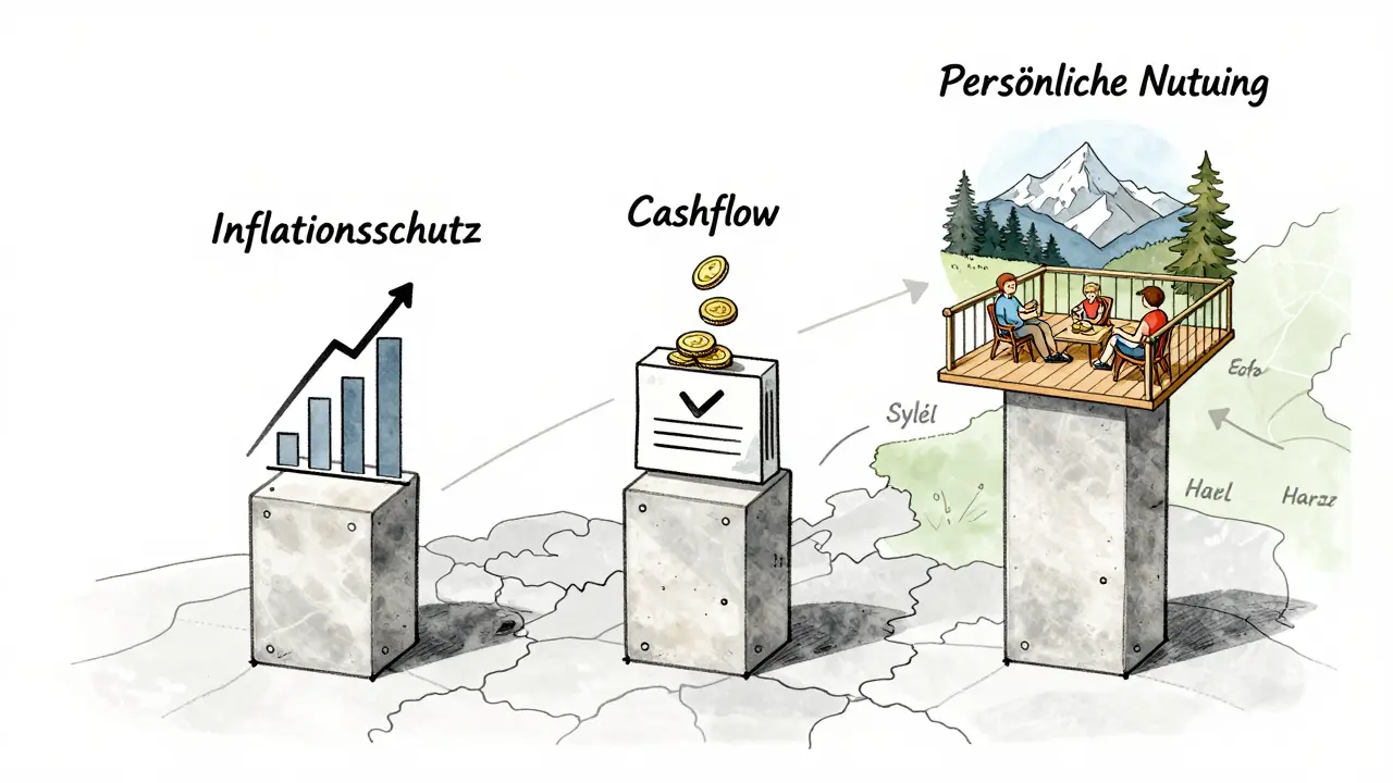 Drei Säulen aus Deutschland-Karte: Inflationsschutz, Cashflow und persönliche Nutzung, dargestellt als Wasserfarb-Illustration mit Wachstumspfeilen.