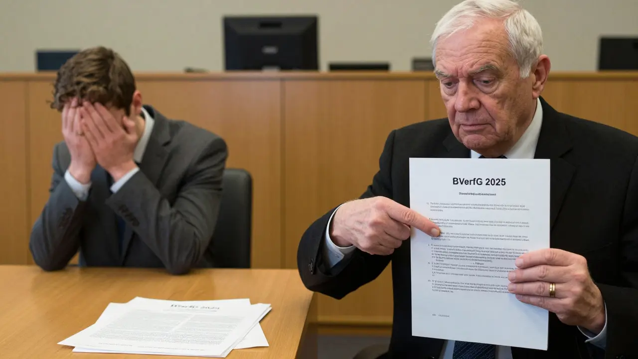 Ein älterer Mann weist im Gericht auf eine Vormerkung im Grundbuch hin, während seine Ansprüche verteidigt werden.