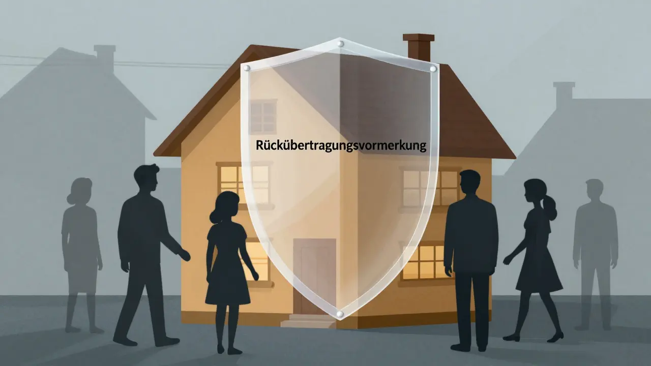 Ein Haus ist durch eine rechtliche Schutzsperre vor Gläubigern und Erben geschützt, symbolisch dargestellt.