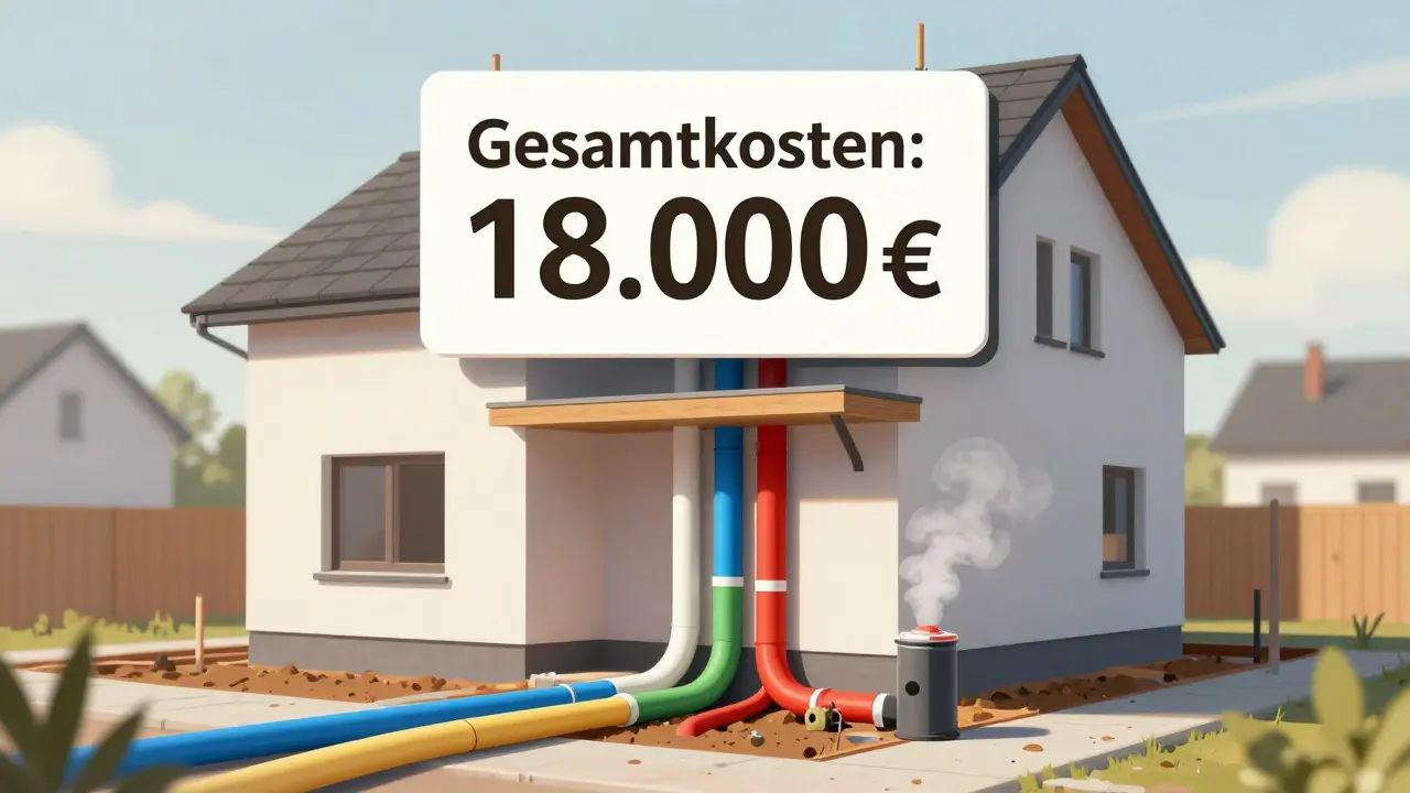 Ein Neubauhaus mit farblich gekennzeichneten Versorgungsleitungen für Wasser, Gas, Strom und Kanal an der Fundamentstelle.