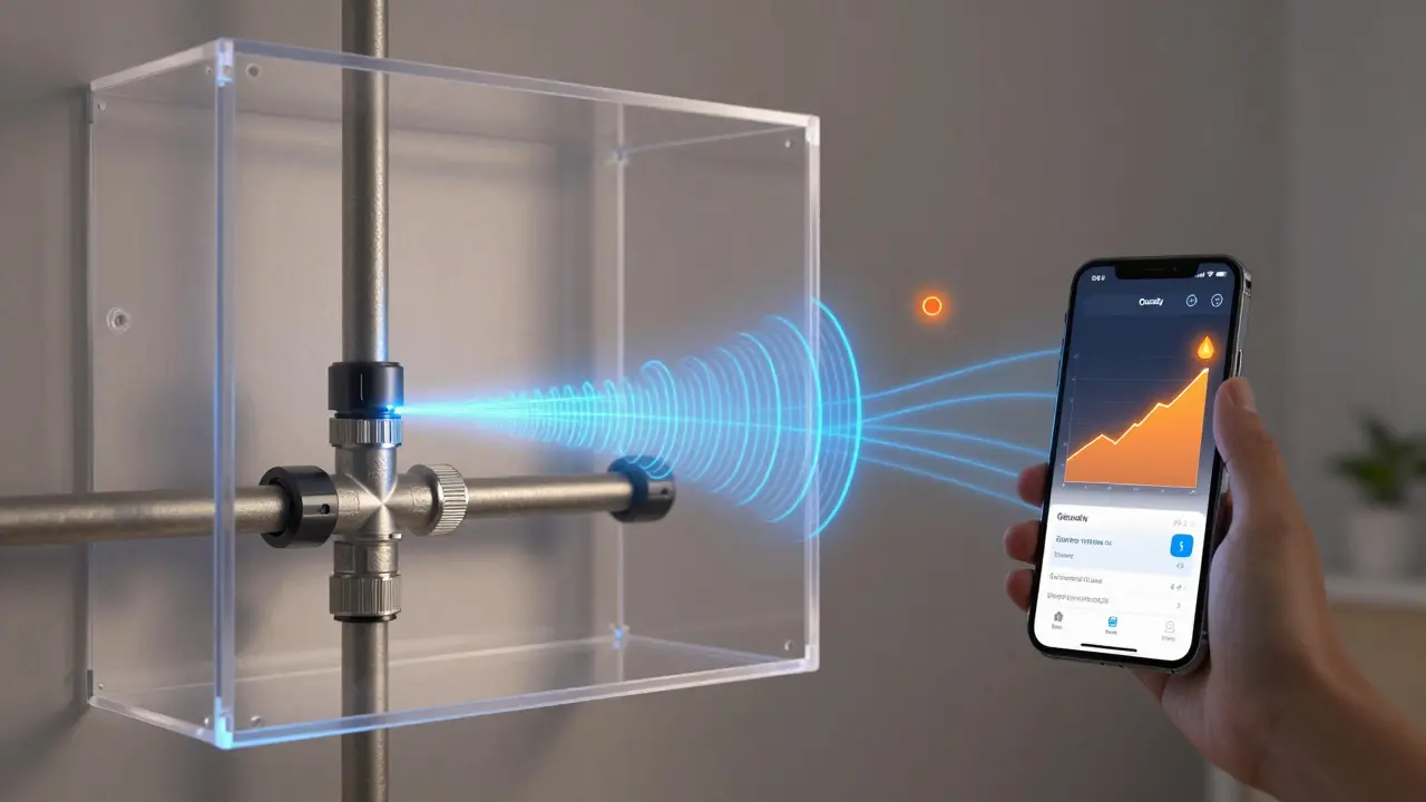 Ein Ultraschall-Wassersensor an der Hauptleitung sendet Verbrauchsdaten an ein Smartphone.