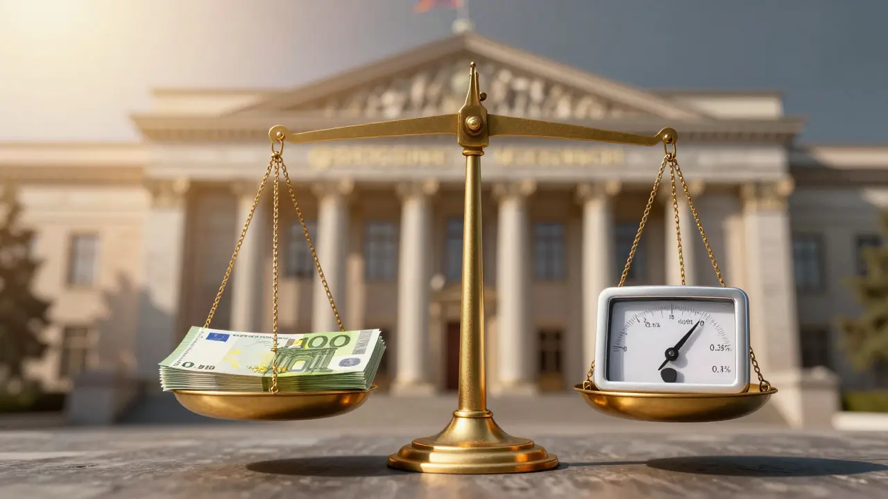 Eine Waage vergleicht gesetzliche Verzugszinsen mit staffelten Vertragsstrafen, symbolisch für rechtliche Fairness.