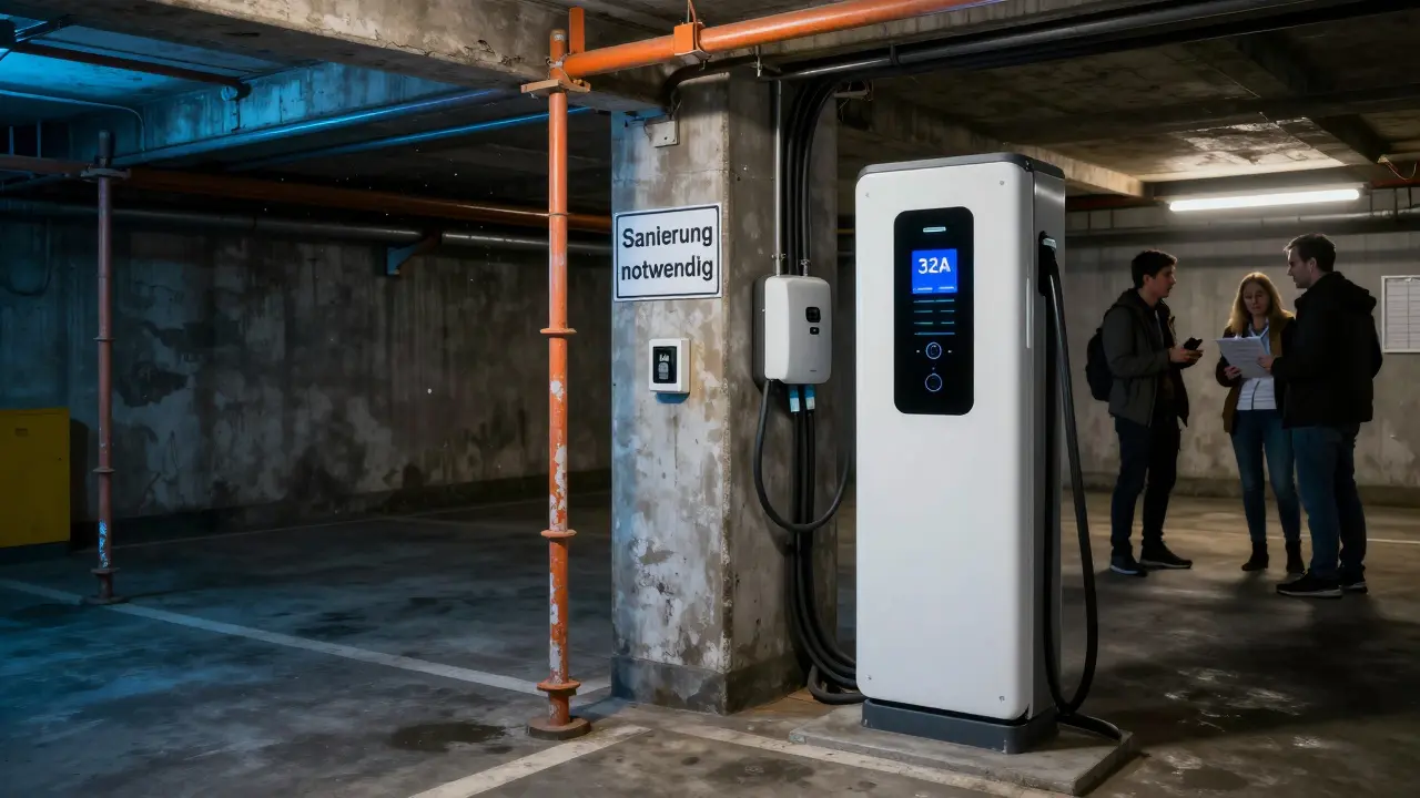 Elektro-Ladestation wird in alte Tiefgarage nachgerüstet, Arbeiter und Bewohner im Hintergrund.