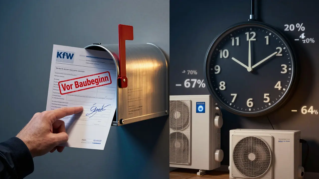 Gegensatz: Antrag vor Baubeginn vs. ablaufender Bonus bis 2028, mit altem und neuem Heizsystem.