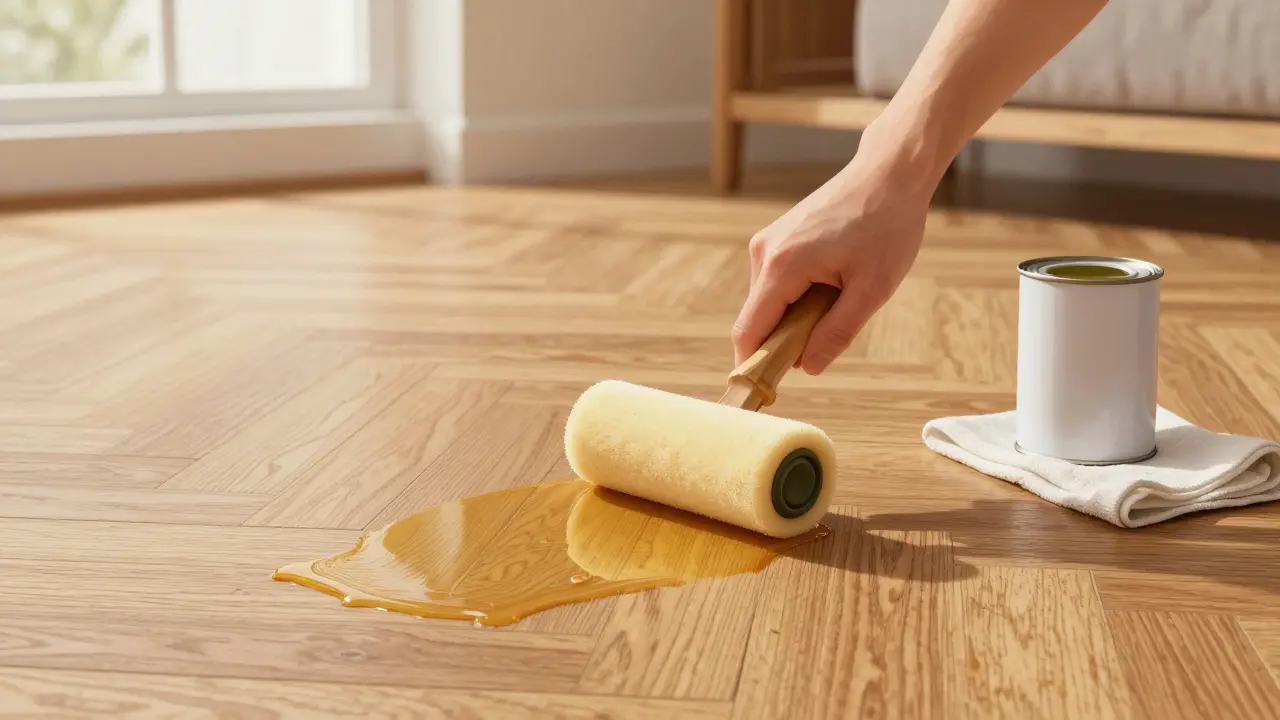 Hand bringt Öl mit einer Schaumrolle auf einen frisch abgeschliffenen Parkettboden auf, Holzmaserung ist deutlich sichtbar.