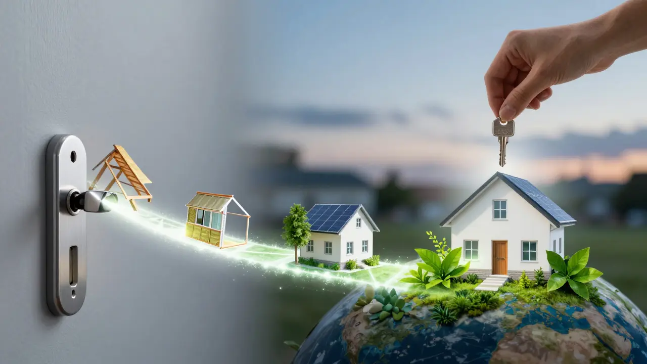 Hand, die einen Schlüssel ins Schloss steckt, vor einem Weg aus Sanierungsschritten bis zu einem energieeffizienten Zuhause.