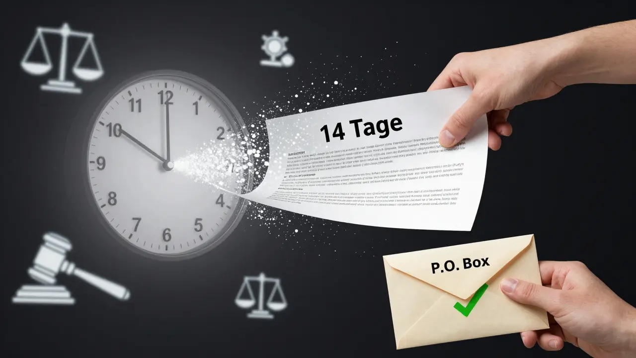 Hand zieht Vertrag durch eine Uhr, die sich in Digitalelemente auflöst, Briefumschlag mit P.O.-Box-Adresse.