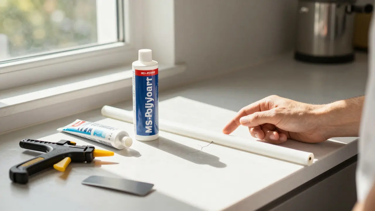 Hausbesitzer prüft neue MS-Polymer-Fuge neben altem Silikon und Werkzeugen