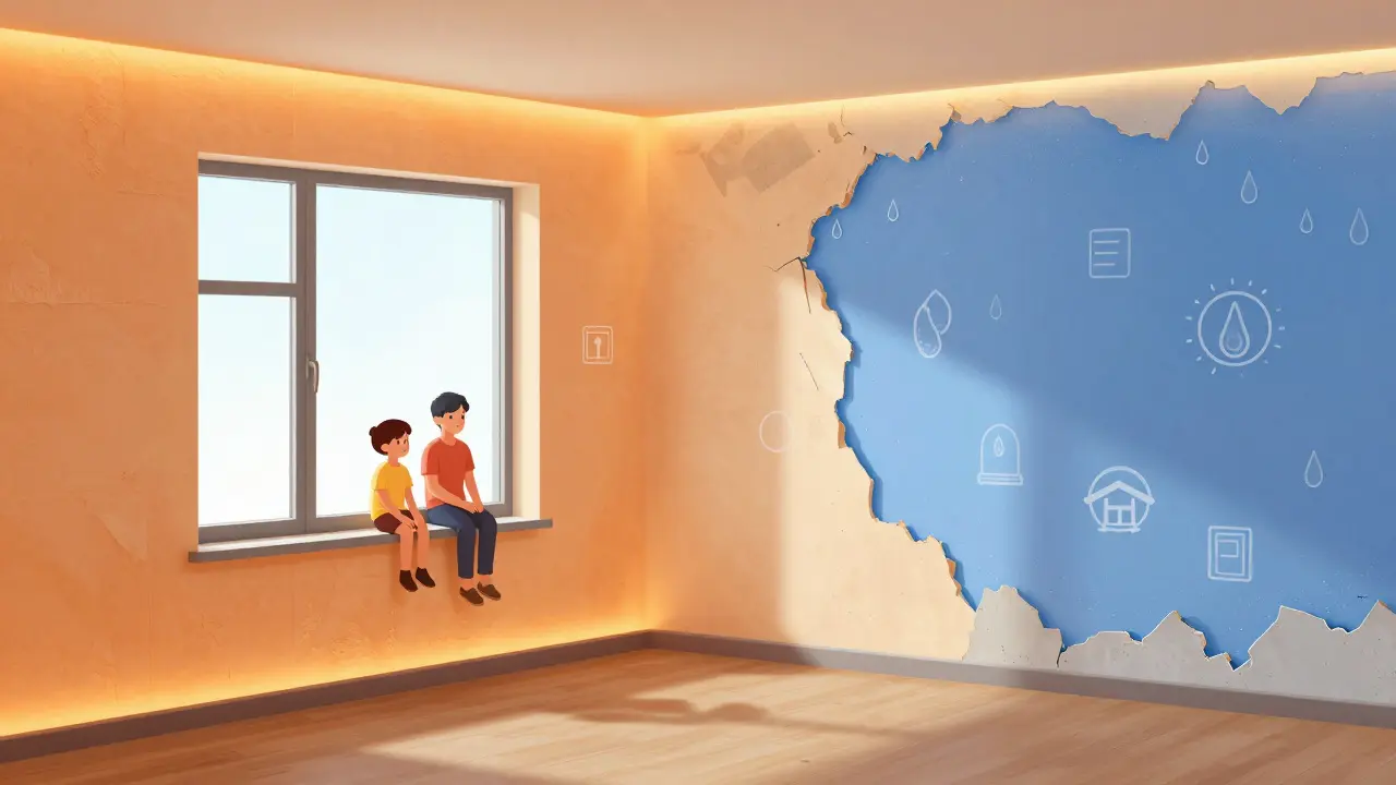 Innenschnitt eines warmen, luftdichten Hauses mit kontrastierenden Temperaturzonen.