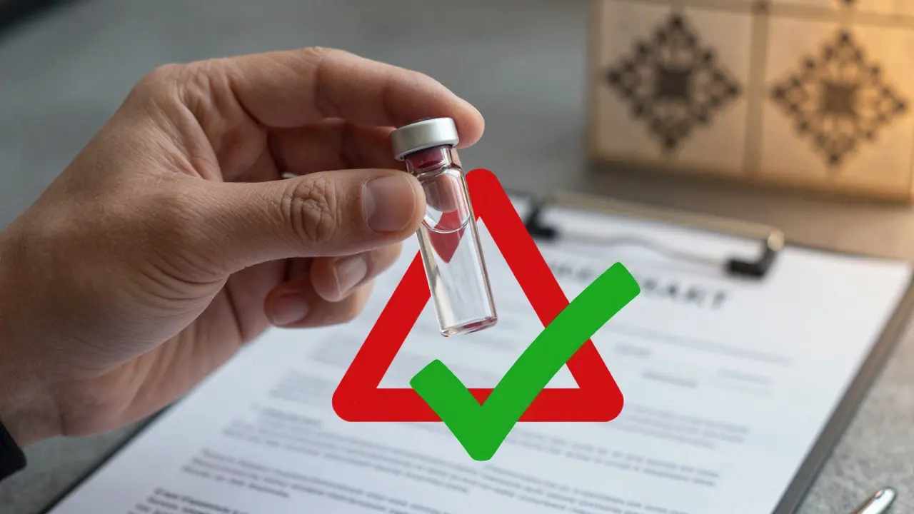 Laborkapsel mit Proben neben altem Bodenbelag und Warnsymbol, symbolisiert Risiko und Sicherheit.