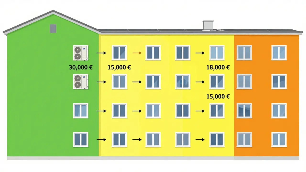 Mehrfamilienhaus mit farbigen Förderhöhen für jede Wohneinheit, visualisiert durch Grafik-Overlays.