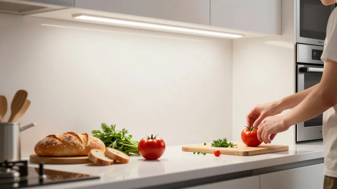 Moderne Küche mit neutralem Licht, das frische Lebensmittel in natürlichen Farben hervorhebt.