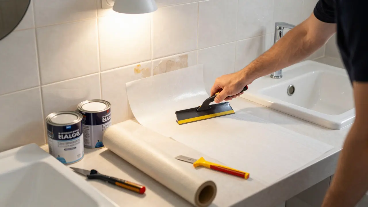 Person klebt selbstklebende Folie über alte Fliesen in einem Badezimmer, Werkzeuge und Materialien liegen bereit.