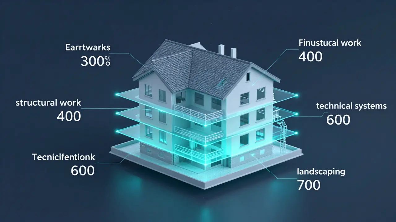 Transparenz-Schichten einer Baukostenschätzung nach DIN 276 mit BIM-Modellierung.