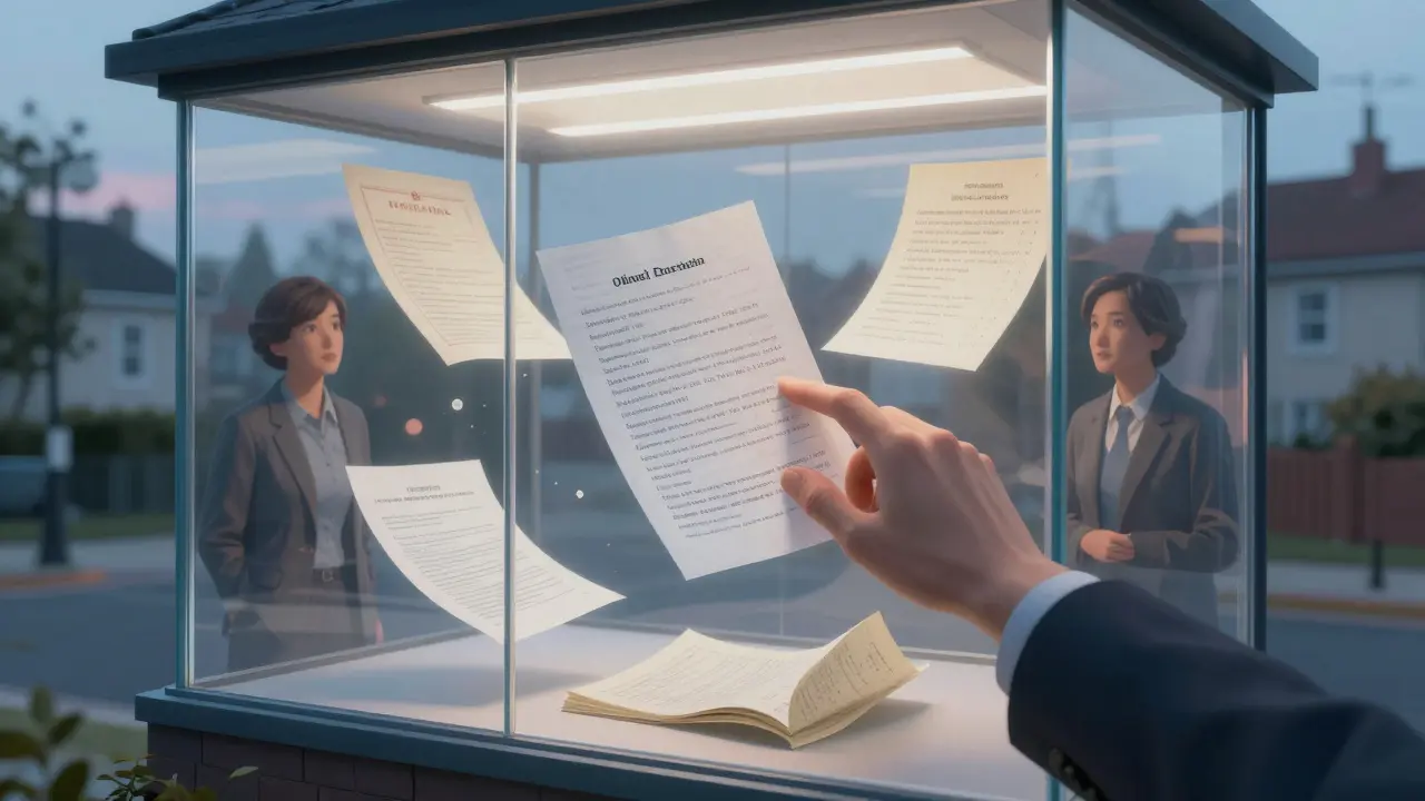 Transparenzsymbol: Durchsichtige Wohnung mit schwebenden Verwaltungsunterlagen.