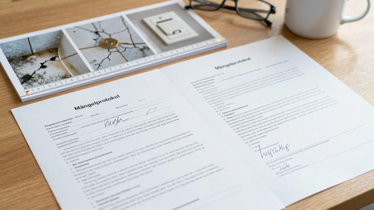 Unterzeichnetes Mängelprotokoll mit detaillierten Fotos und Maßstäben auf einem Holztisch.
