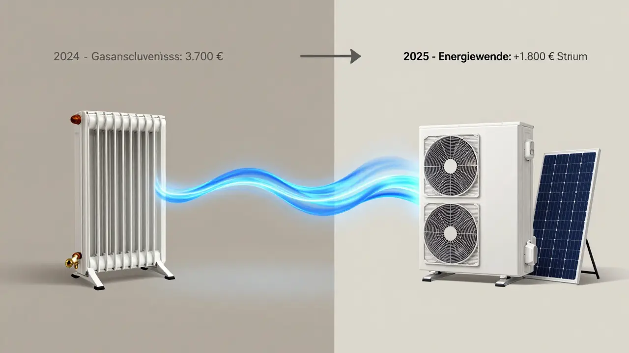 Vergleich einer traditionellen Gasheizung mit einer modernen Wärmepumpe und Solarenergie bei einem Neubau.