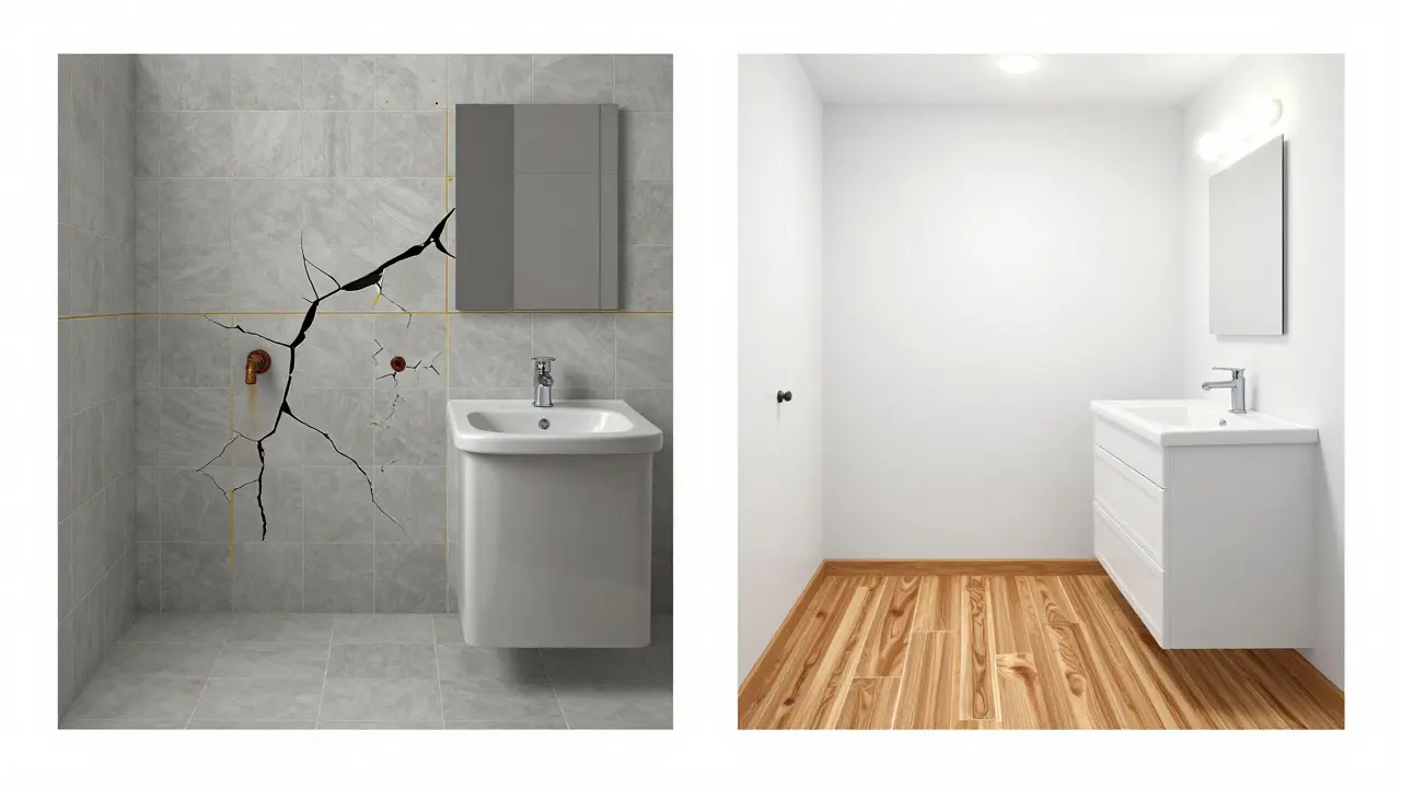 Vergleich: links altes, verwittertes Badezimmer, rechts frisch renoviert mit neuen Oberflächen und modernen Materialien.