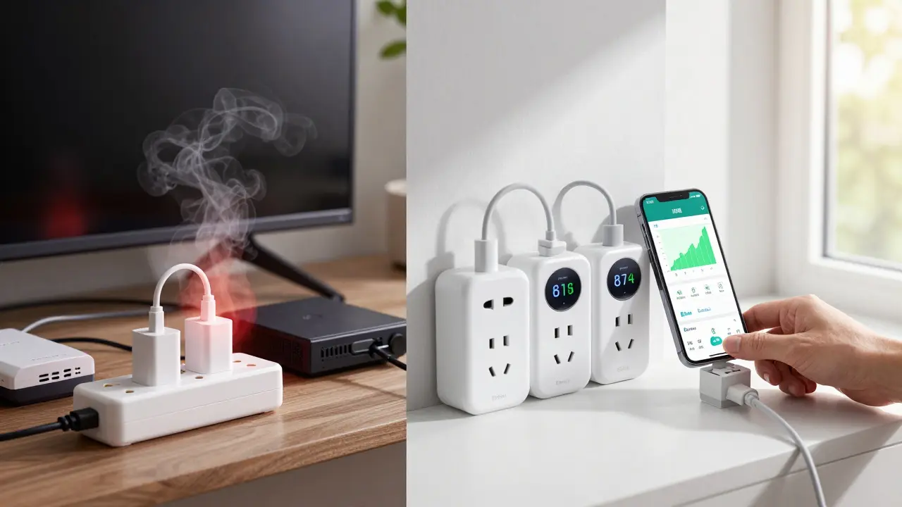 Vergleich: Unkontrollierter Stromverbrauch links vs. smarte Steuerung mit genauen Messwerten rechts.