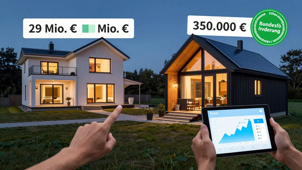 Vergleich zweier Ferienimmobilien: teures Haus auf Sylt vs. kostengünstige, nachhaltige Hütte in der Eifel mit Solaranlage und Förderung.
