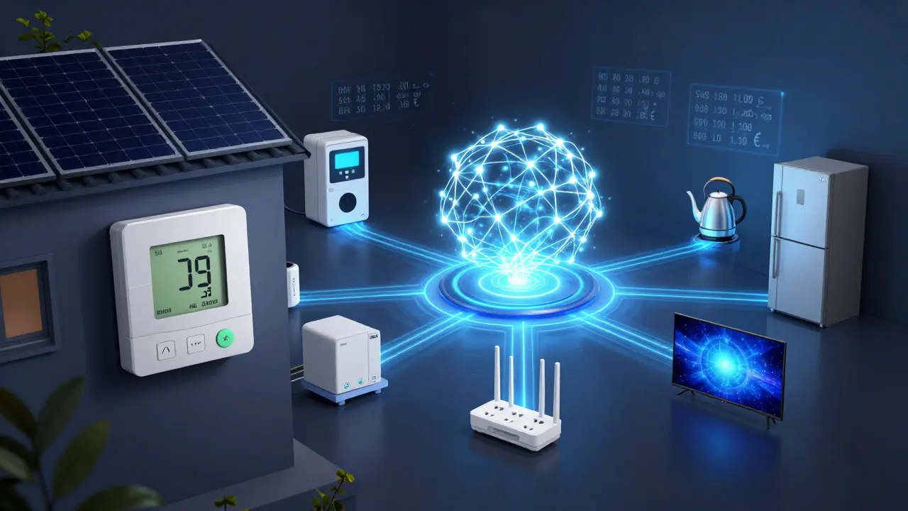 Visuelle Darstellung eines Home Energy Management-Systems mit vernetzten Geräten und fließenden Energie-Datenströmen.