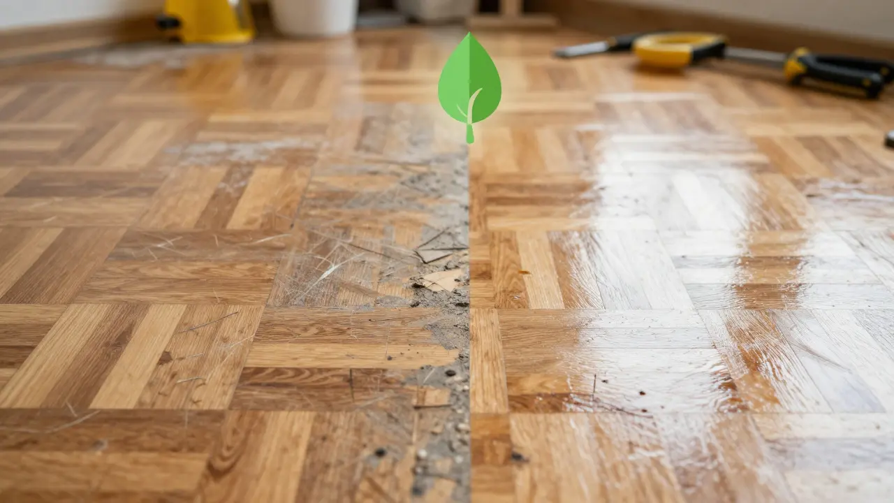 Vorher-Nachher-Vergleich eines Parkettbodens: links beschädigt und staubig, rechts glatt und glänzend mit natürlichem Lichtreflex.