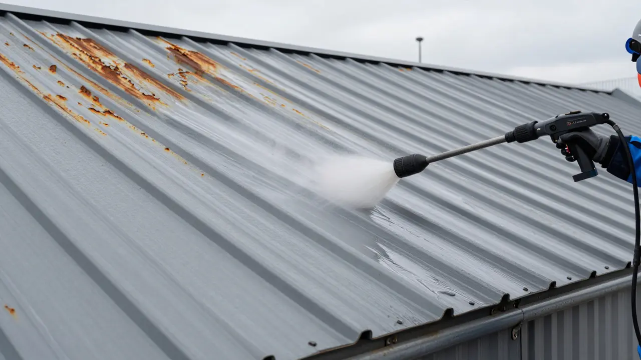 Altes Trapezblechdach wird mit Hochdruck gereinigt und mit einer neuen Beschichtung versehen.
