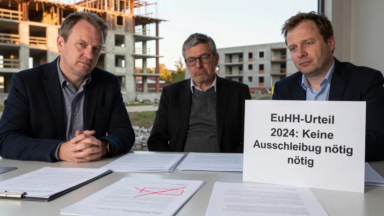Architekt und Kommunalbeamter betrachten dokumentierte Rechtsänderung nach EuGH-Urteil 2024, hinter ihnen Baustelle mit Fortschritt.