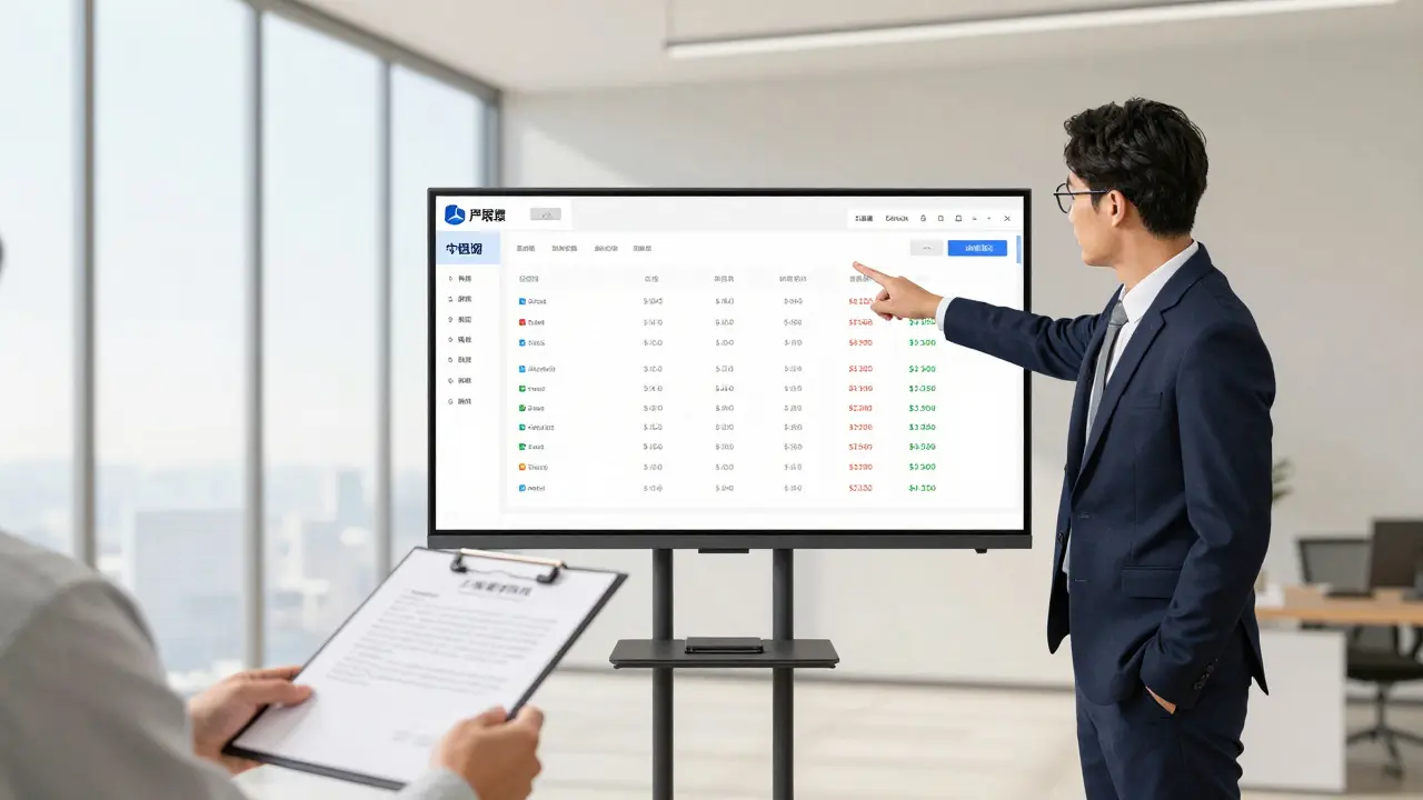 Bankberater zeigt einem Kunden eine digitale Immobilienbewertung auf einem Bildschirm.
