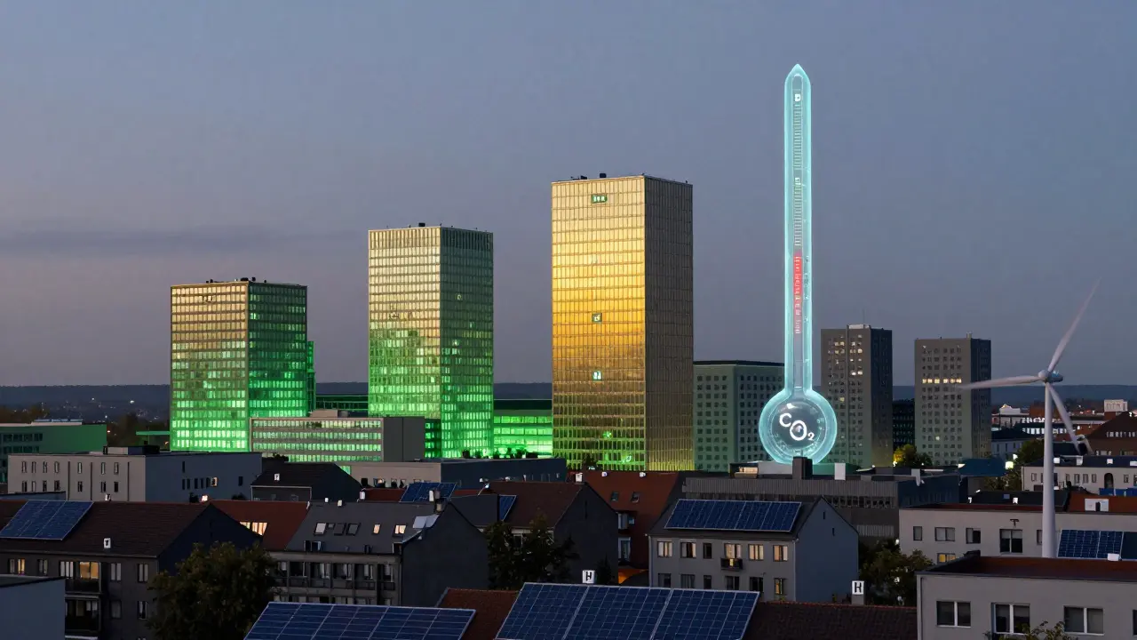 City skyline with color-coded buildings by energy efficiency, glowing green A+ structures towering over gray inefficient ones under a CO2 meter.