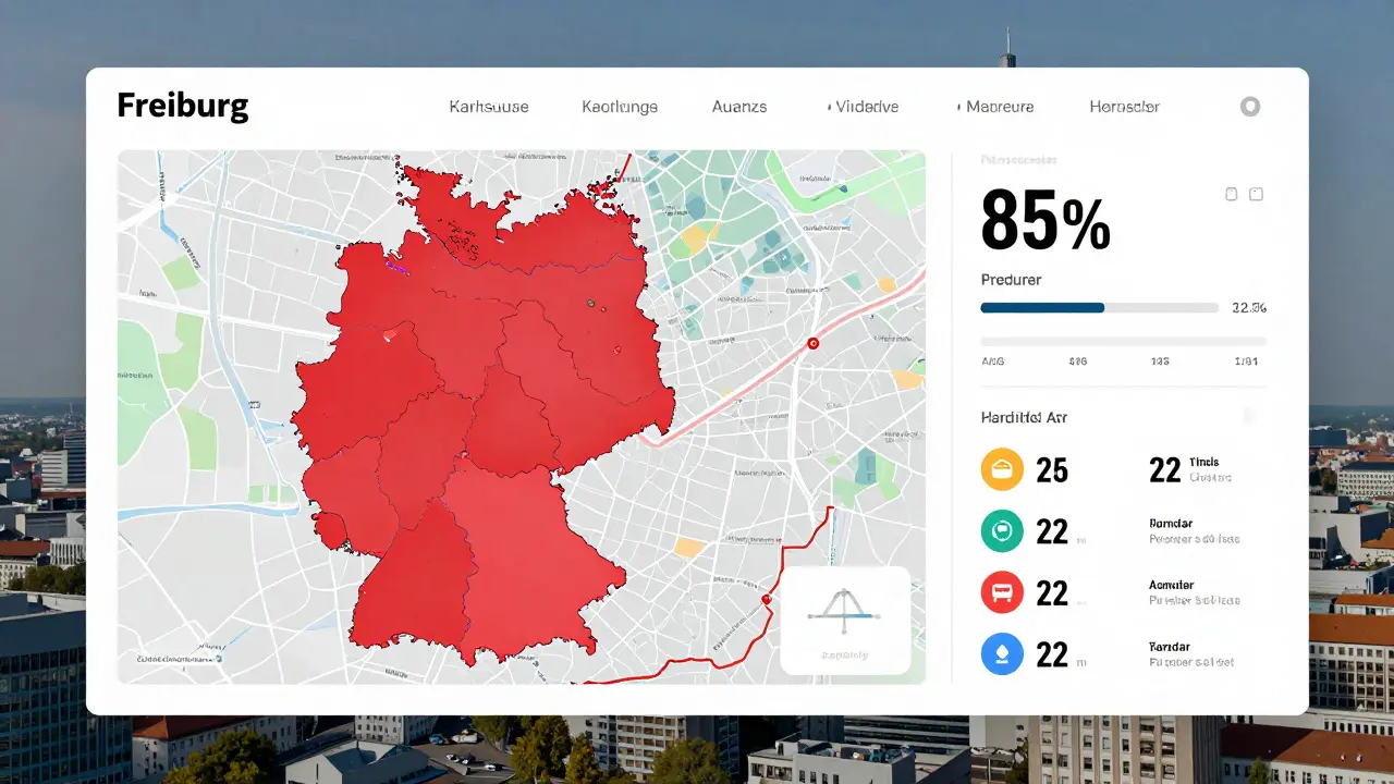 Digitales Dashboard mit farblich gekennzeichneten Leerstandsrisiken und Prognosedaten für deutsche Städte.