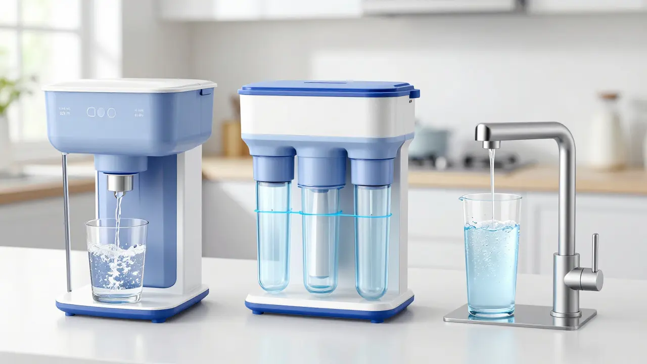 Drei Arten von Wasserfiltern nebeneinander: Tischfilter, Unterschrankanlage und integrierte Armatur mit Wasserströmen.