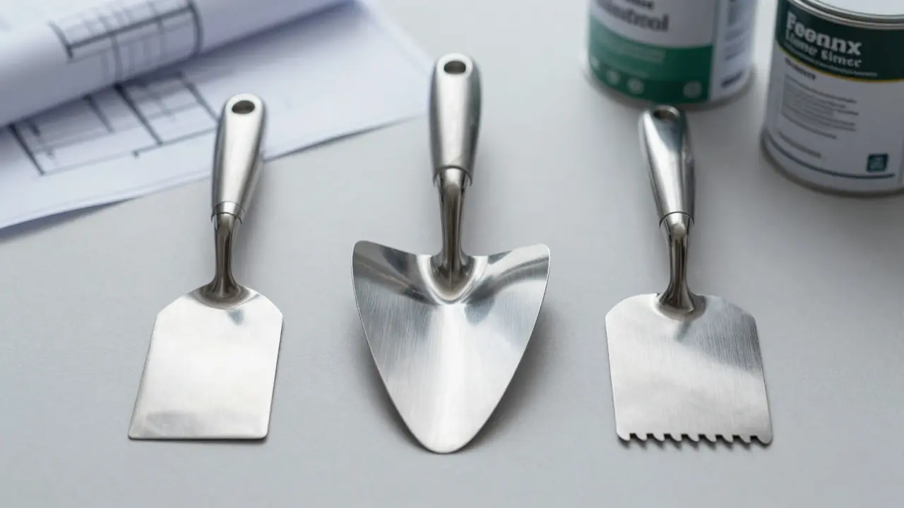 Drei hochwertige Werkzeuge – Spachtel, Glättkelle und Zahnkelle – liegen auf einer Werkbank.