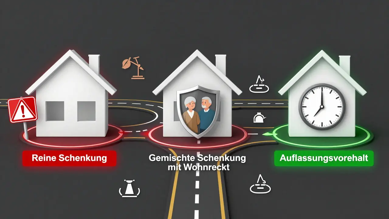 Drei Modelle der vorweggenommenen Erbfolge: reine Schenkung, gemischte Schenkung mit Wohnrecht und Auflassungsvorbehalt, dargestellt als symbolische Wege mit Warn- und Hilfssymbolen.