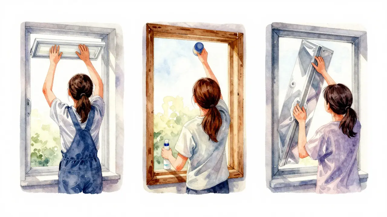 Drei Personen pflegen Fensterrahmen in Wasserfarb-Illustration.