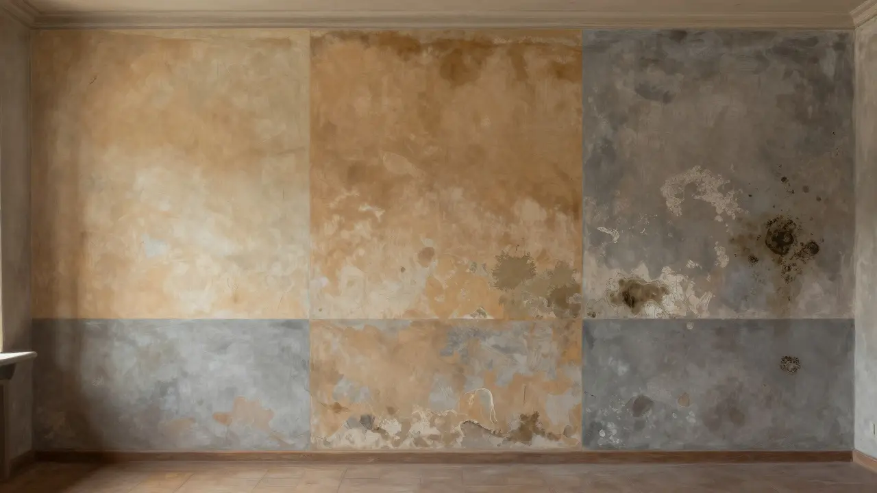 Dreiteilige Darstellung einer Ziegelwand im Laufe der Zeit: frisch verlegt, gereift und vernachlässigt.