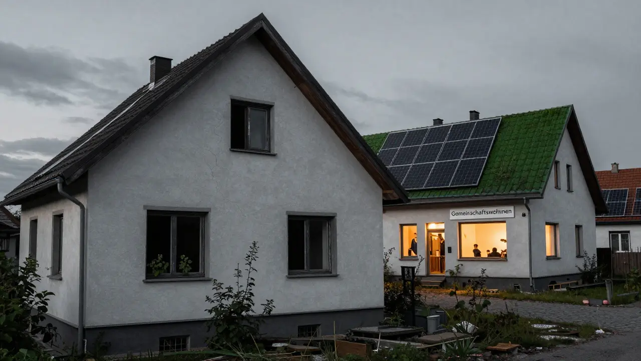 Ein verlassenes großes Haus neben einem aktiv genutzten, suffizienten Wohnhaus mit Solaranlage.