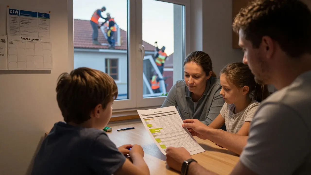 Eine Familie bespricht ein Renovierungsbudget am Küchentisch, während draußen Arbeiten an Fenstern und Dach stattfinden.