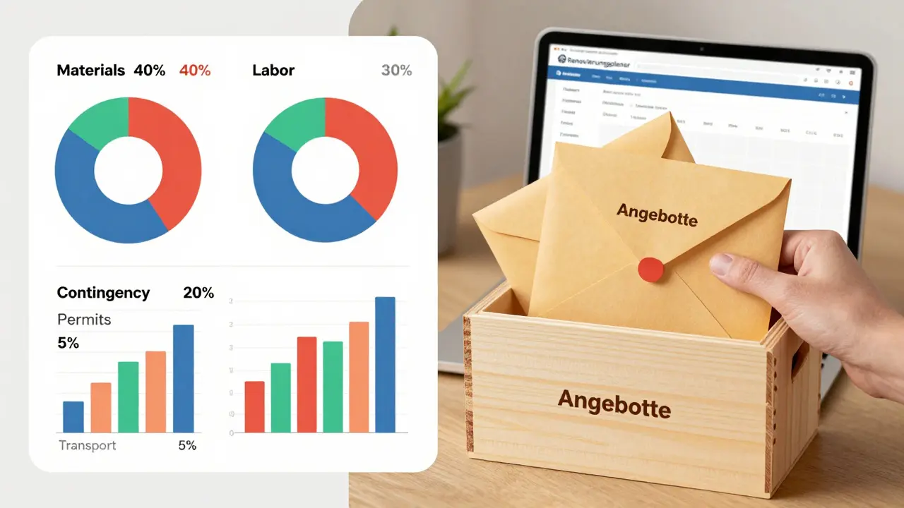 Eine visuelle Aufschlüsselung eines Renovierungsbudgets mit Prozentsätzen und drei Angebotsumschlägen auf einem Tisch.